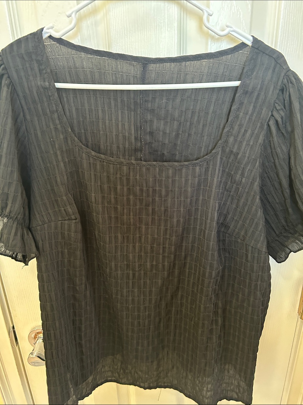 SHEIN Black Square-Neck Textured Puff Sleeve Tunic